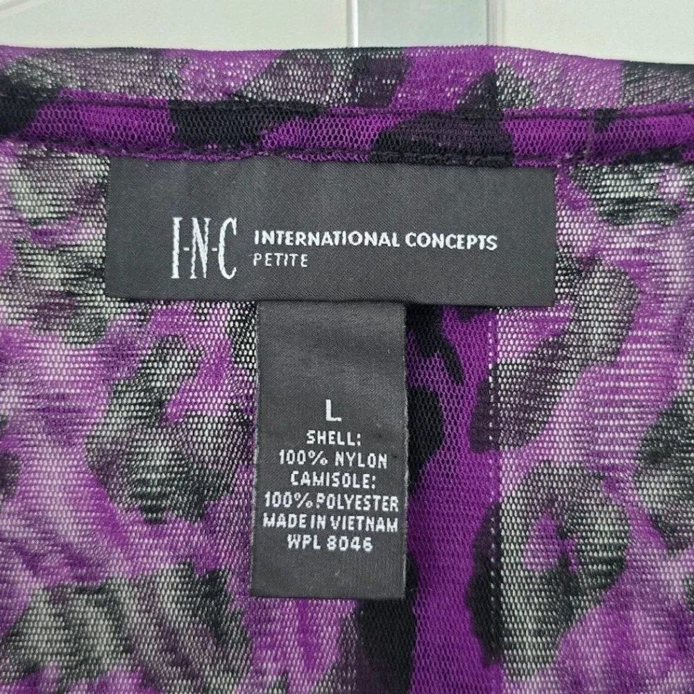 I.N.C International Concept Sheer Animal Print Short Sleeve Ruffle Neck Purple L
